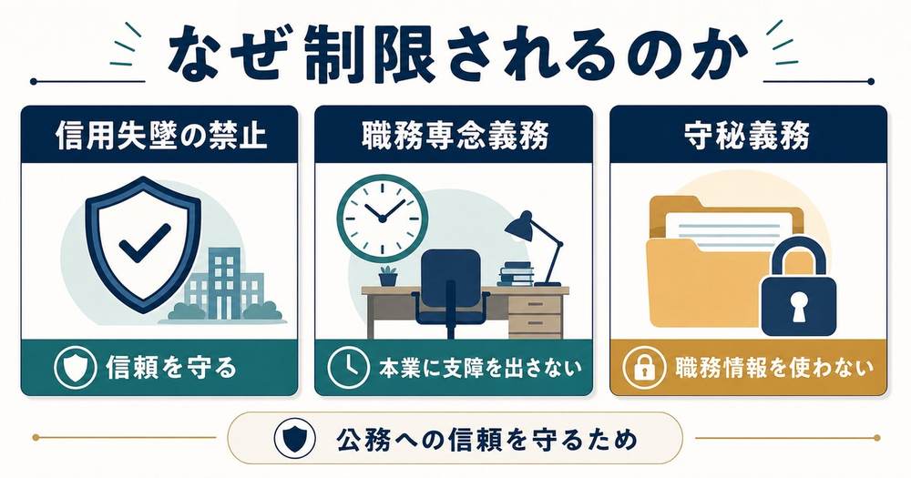 公務員の副業が信用失墜防止や職務専念義務や守秘義務で制限される理由の図解