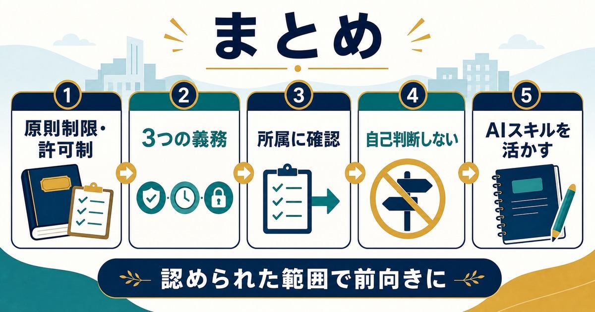 公務員の副業は原則制限と許可制で所属確認と自己判断しないこととAIスキル活用をまとめた図解