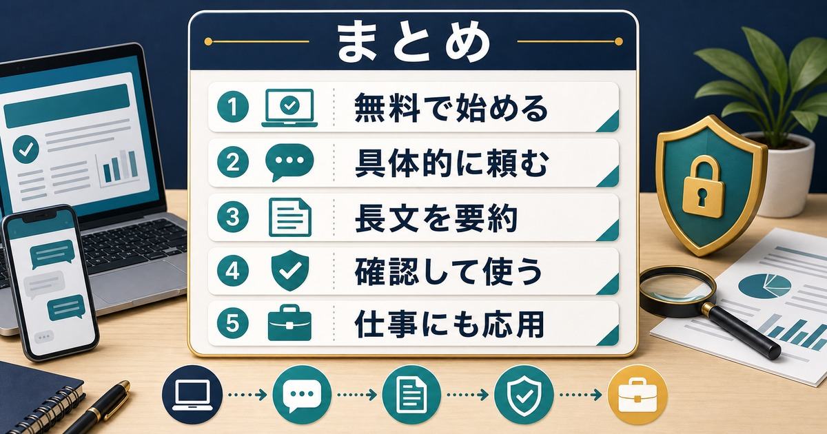 Claudeを無料で始めて具体的に頼み長文要約を確認し仕事にも応用するまとめ図
