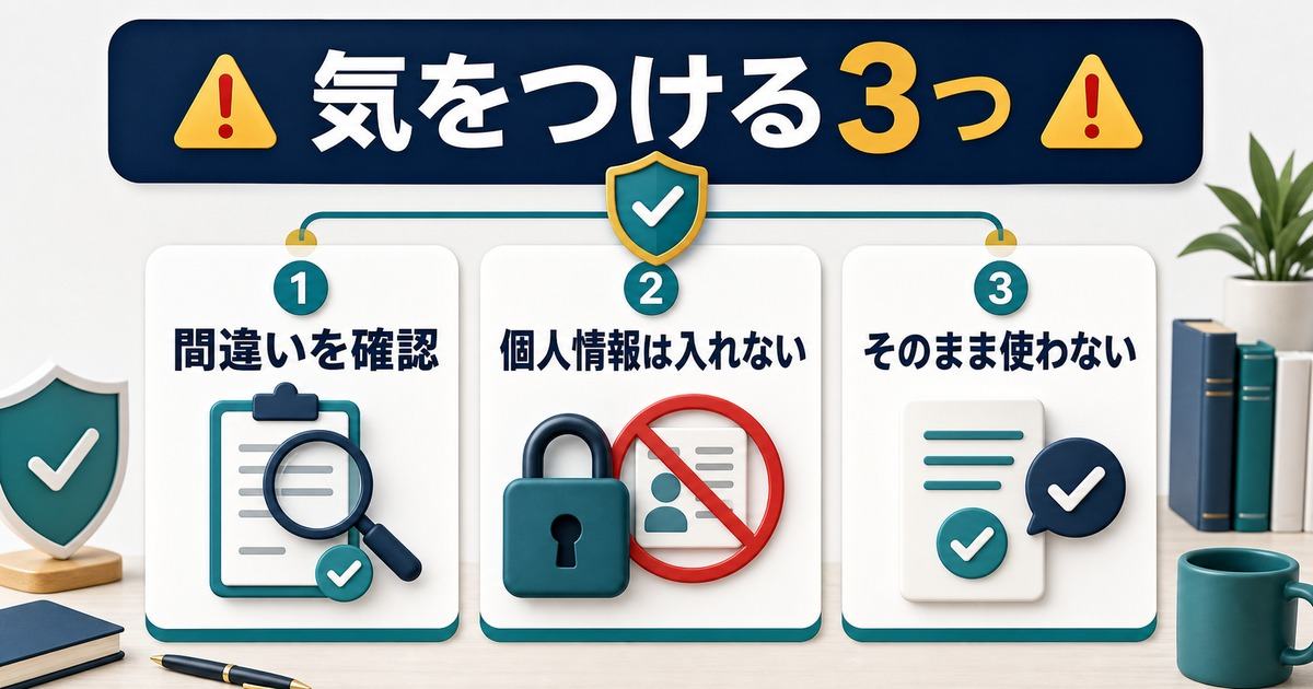 Claude初心者が間違い確認や個人情報保護や出力確認に注意する図解