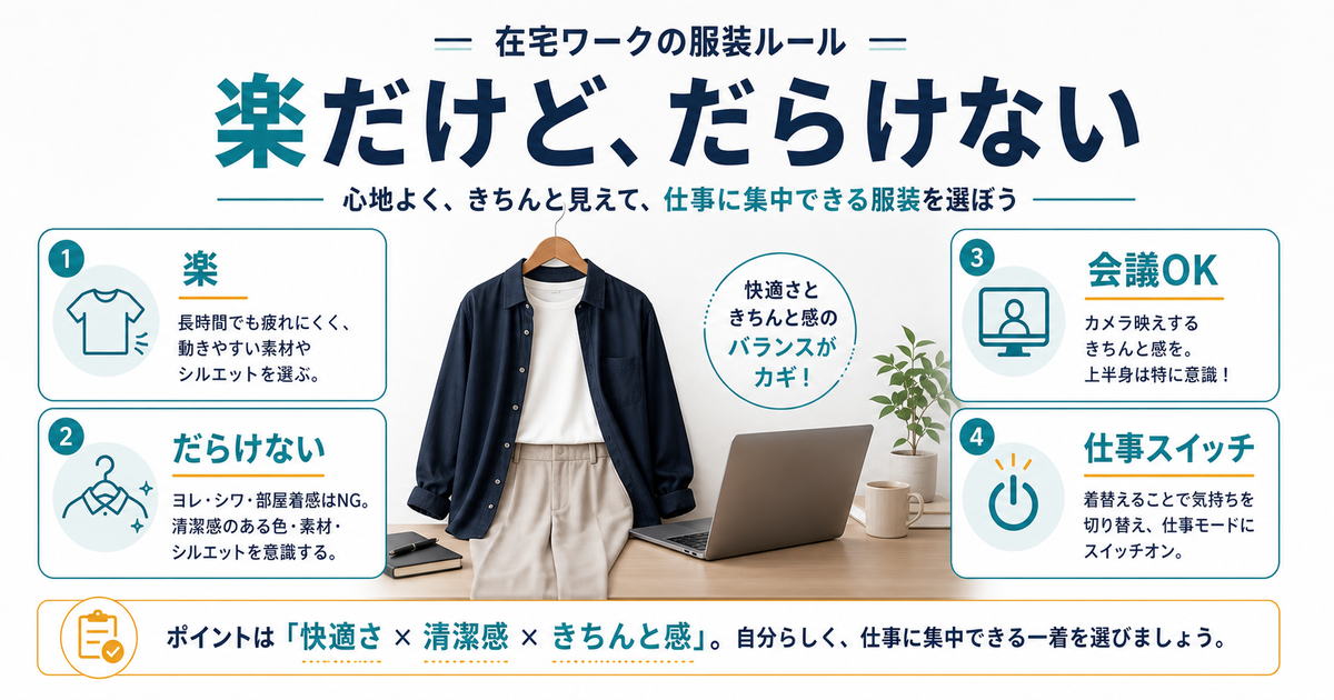 在宅ワークの服装は楽さ、だらけにくさ、会議対応、仕事スイッチのバランスが大切だと示す図解