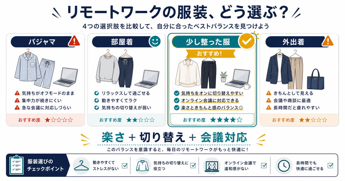 パジャマ、部屋着、少し整った服、外出着を比べ、在宅ワークには楽さと切り替えと会議対応のバランスが大切だと示す図解