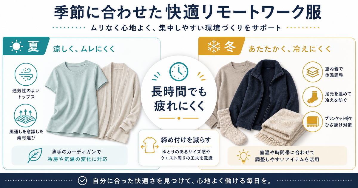 在宅ワークの服装で夏は通気性と冷房対策、冬は重ね着と足元の冷え対策、共通して締め付けを減らすことを示す図解