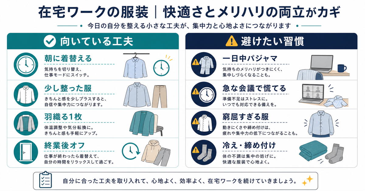 在宅ワークの服装で朝に着替える、少し整った服、羽織る一枚、終業後オフの工夫と、一日中パジャマや窮屈な服を避ける考え方を示す図解