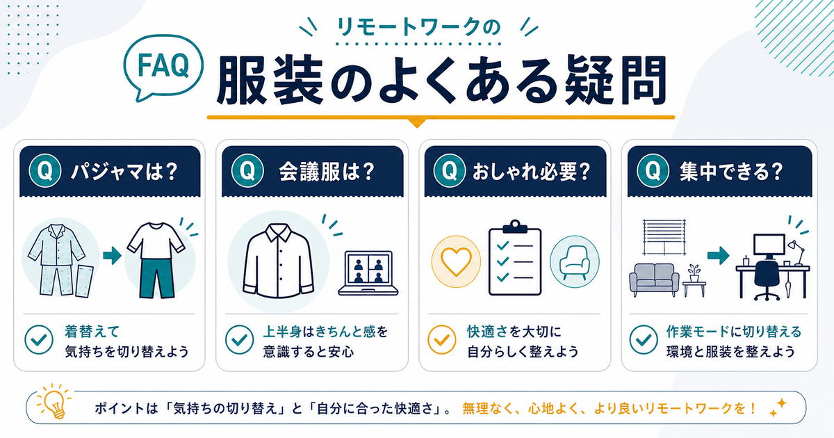 在宅ワークの服装に関するパジャマ、会議服、おしゃれの必要性、集中しやすさの疑問をまとめた図解
