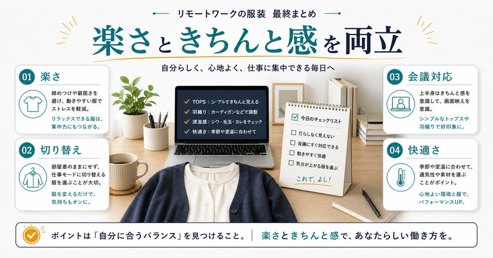 在宅ワークの服装のまとめとして楽さ、切り替え、会議対応、快適さを両立することを示す図解