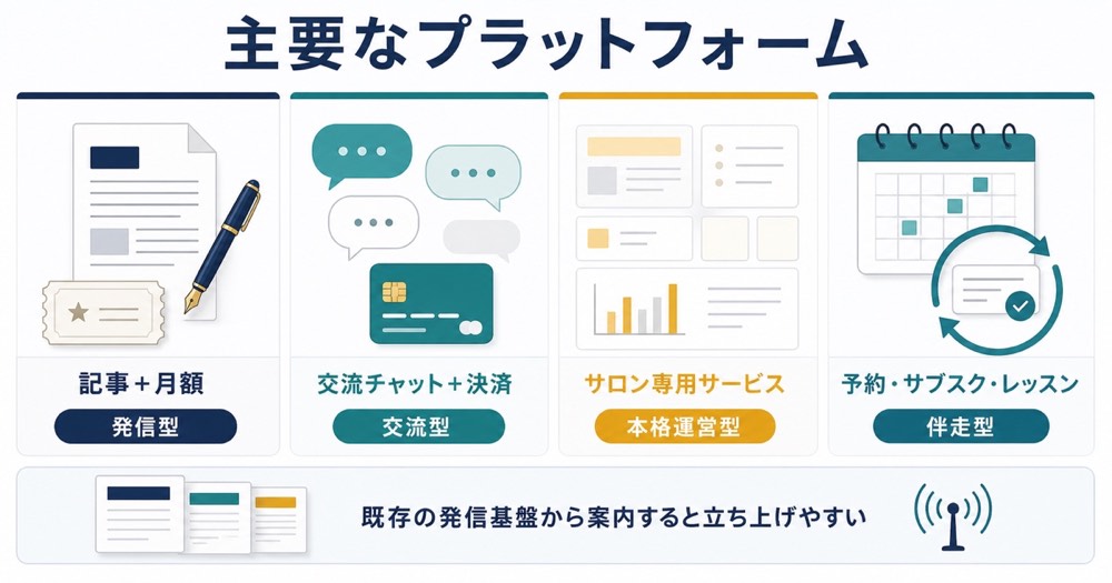 オンラインコミュニティの主要プラットフォームを記事型交流型専用サービス型伴走型で比較した図解