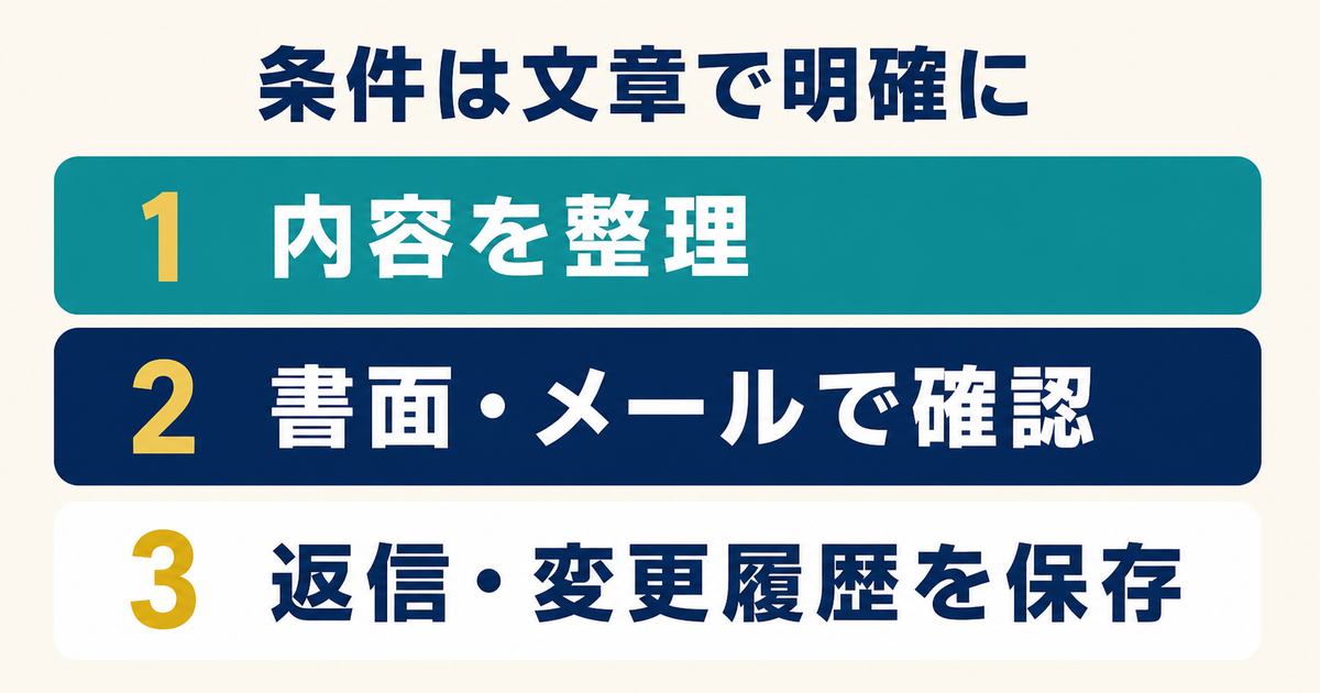 業務委託の条件を整理し、書面やメールで確認して記録を保存する流れ