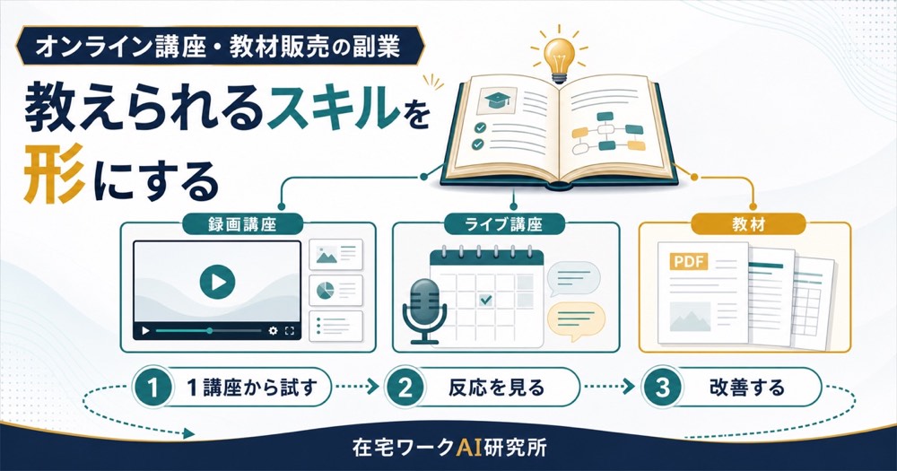 オンライン講座と教材販売で教えられるスキルを録画ライブ教材に変えて改善する流れのアイキャッチ