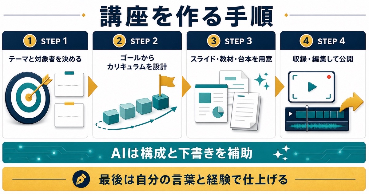 AIを補助に使ってオンライン講座を対象決定カリキュラム設計教材作成収録公開する手順図解