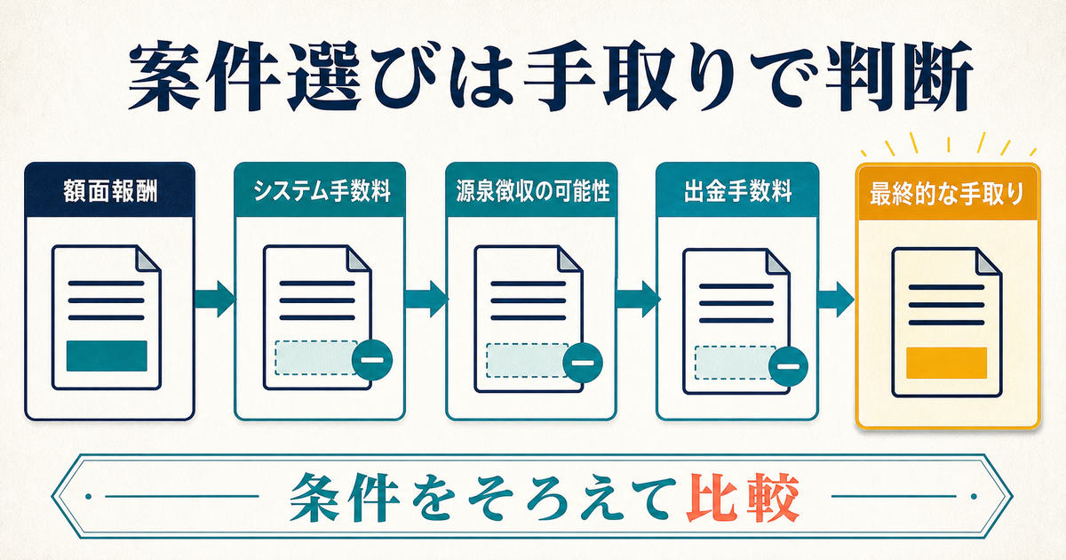 クラウドソーシングの額面報酬から手数料源泉徴収出金手数料を差し引き最終的な手取りを比べる図解