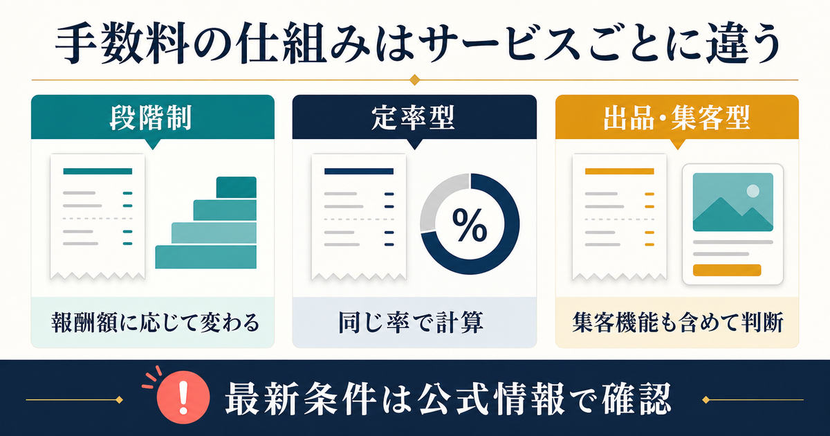 クラウドソーシングの段階制定率型出品集客型という3つの手数料体系を比較した図解