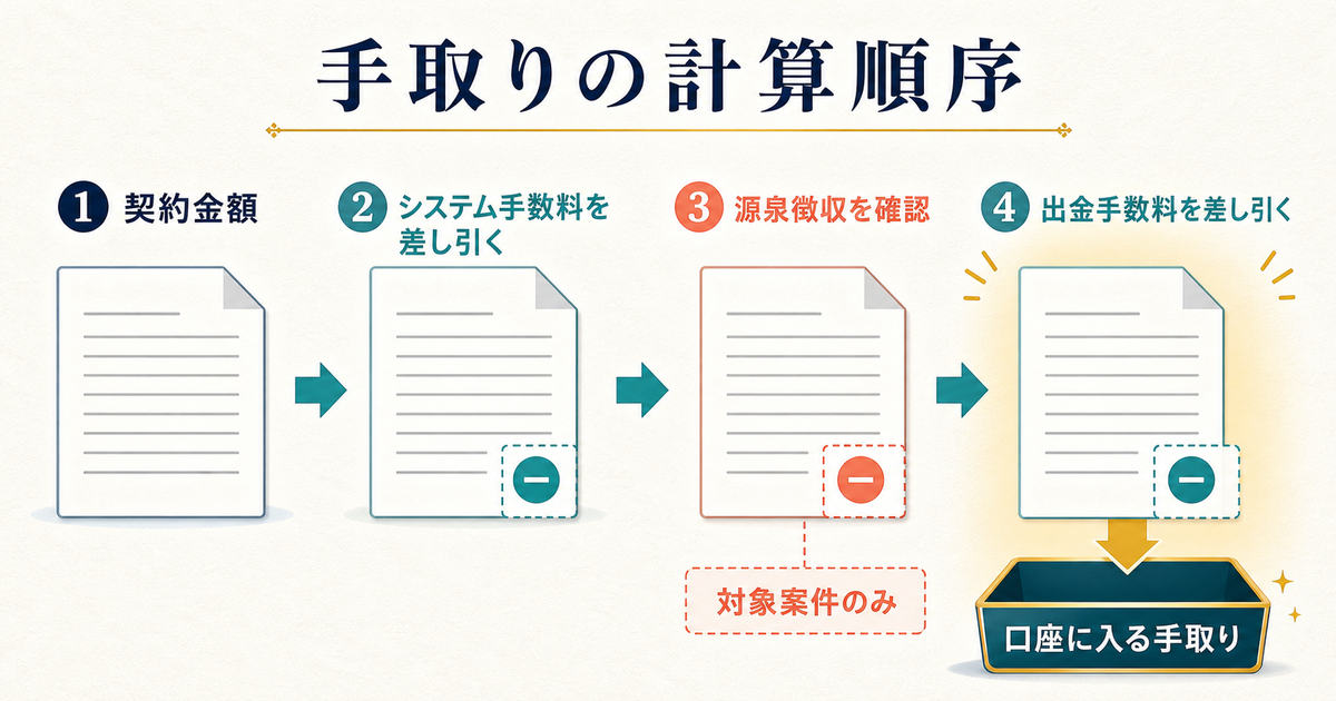 契約金額からシステム手数料源泉徴収出金手数料を順に確認して口座に入る手取りを計算する図解