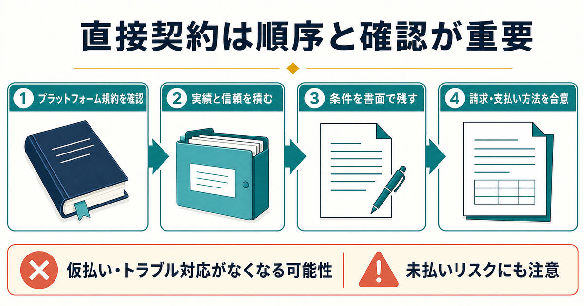 直接契約前に規約実績と信頼書面条件請求支払い方法を順に確認し未払いリスクへ注意する図解