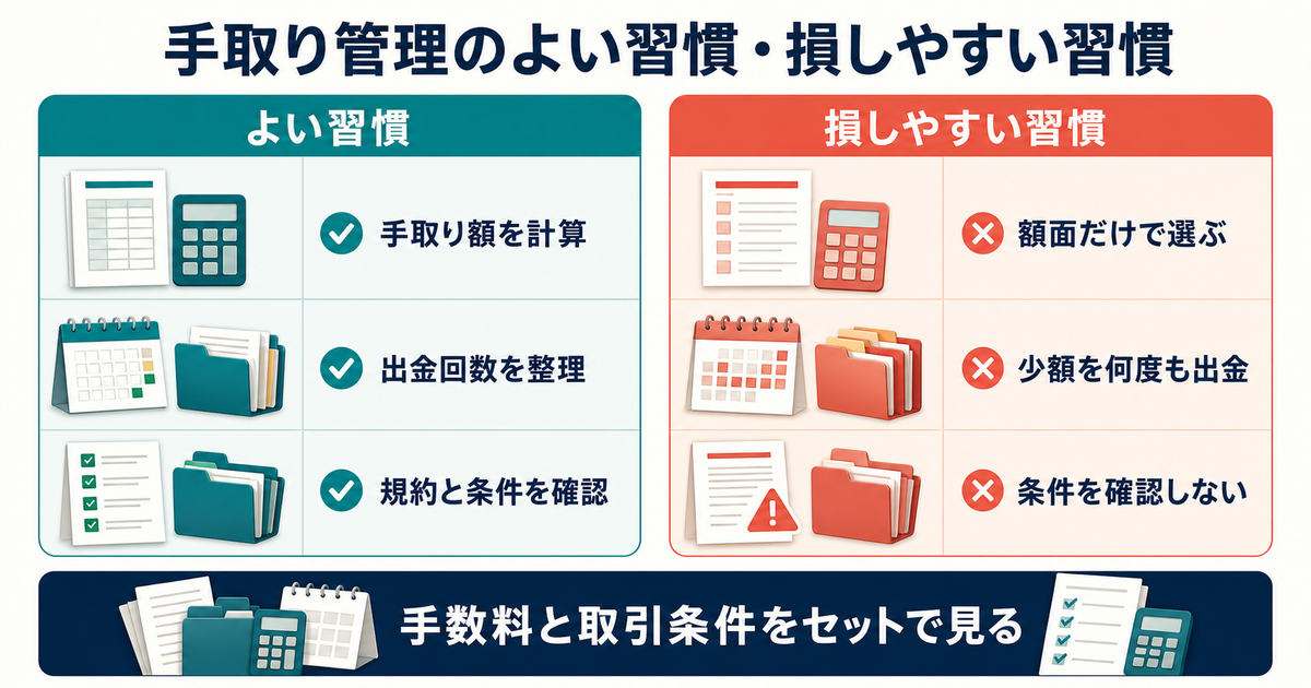 手取り計算出金回数整理規約確認というよい習慣と額面だけで選ぶ損しやすい習慣を比べた図解