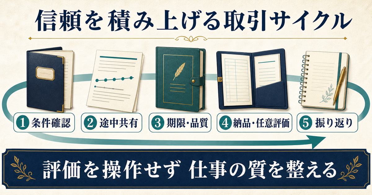 条件確認・途中共有・期限と品質・納品と任意評価・振り返りで信頼を積み上げる取引サイクル図