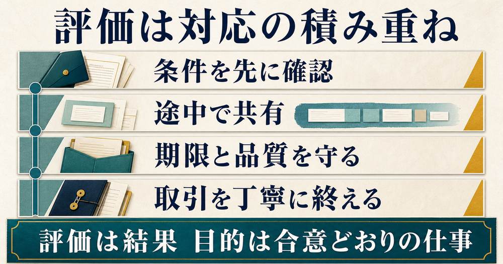 条件確認・途中共有・期限と品質・丁寧な取引終了を積み重ね評価につなげる流れの図