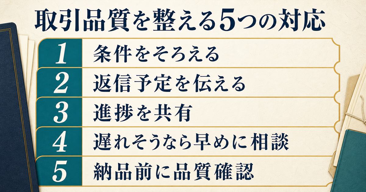 条件確認・返信予定・進捗共有・早期相談・納品前確認という取引品質を整える5つの対応図