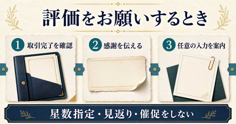 取引完了を確認し感謝とともに任意評価を案内し星数指定や見返りや催促を避ける図