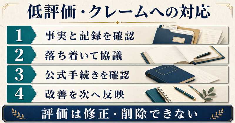 低評価やクレームに対して事実と記録を確認し協議・公式手続き・再発防止へ進む図