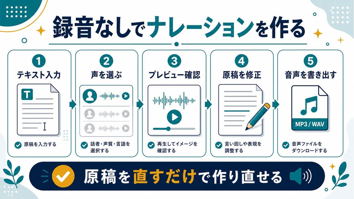 ElevenLabsで録音なしにナレーションを作る流れとして、テキスト入力、声の選択、プレビュー、原稿修正、音声書き出しを示す図解
