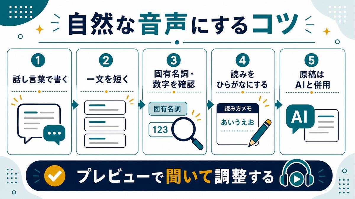 自然なAI音声にするコツとして、話し言葉、一文を短く、固有名詞と数字の確認、読みをひらがな、AIとの原稿併用を示す図解