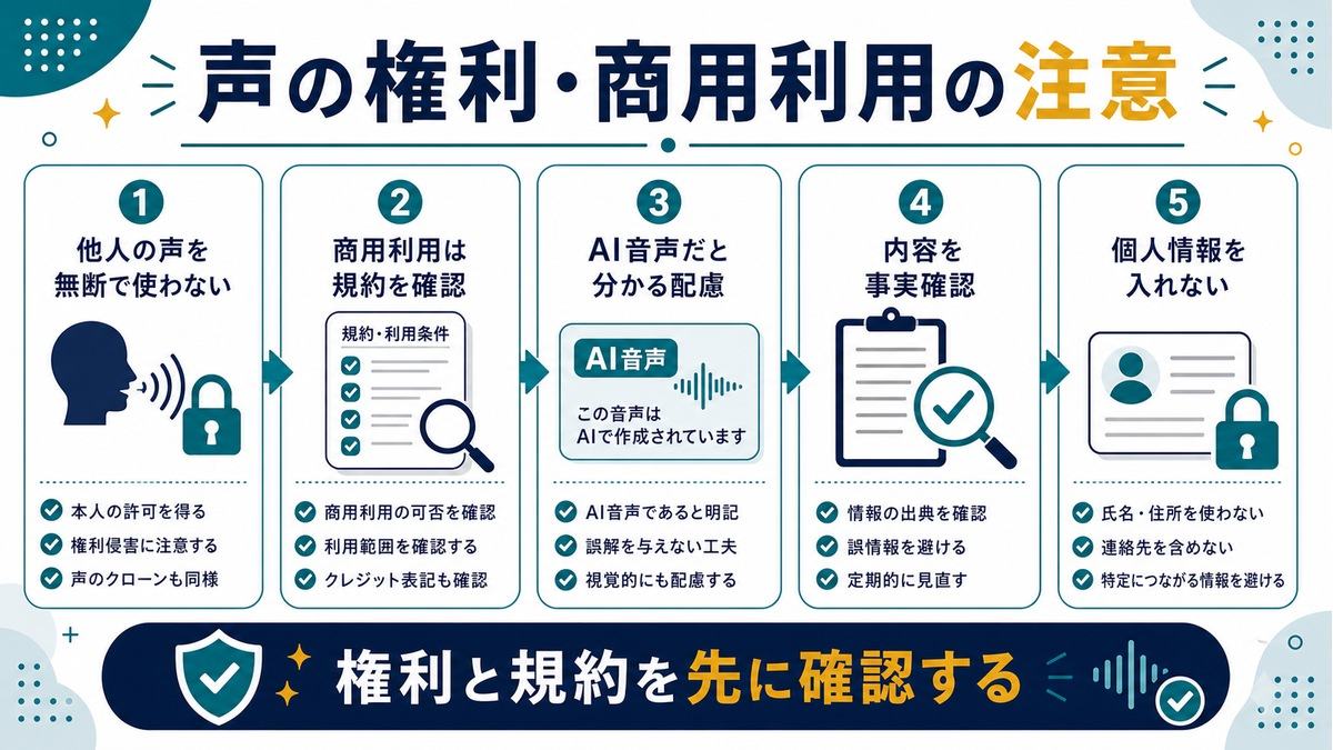 AI音声の注意点として、他人の声の無断使用禁止、商用利用の規約確認、AI音声の配慮、事実確認、個人情報を入れないことを示す図解
