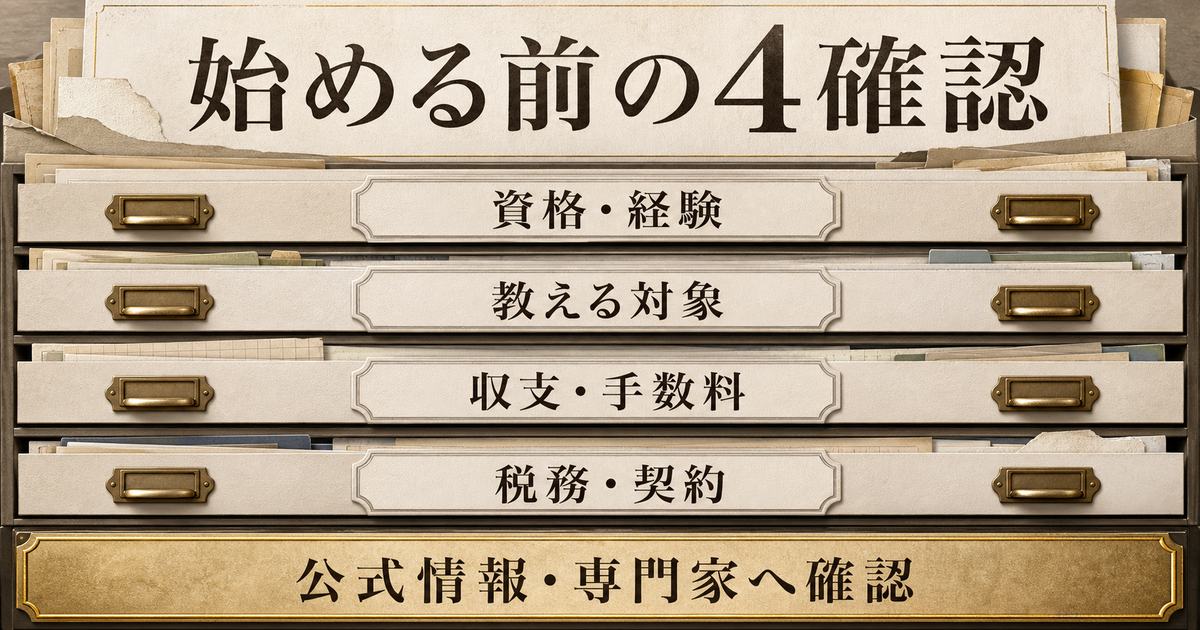 資格と経験・教える対象・収支と手数料・税務と契約を始める前に確認するFAQ要約図