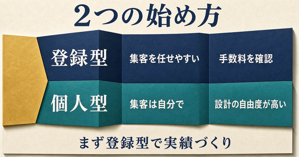 登録型と個人型を集客・手数料・自由度で比べ、まず登録型で実績を作る考え方を示す図