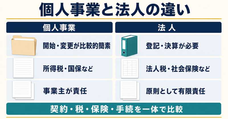 個人事業と法人を手続・税と保険・責任の3項目で比較した図