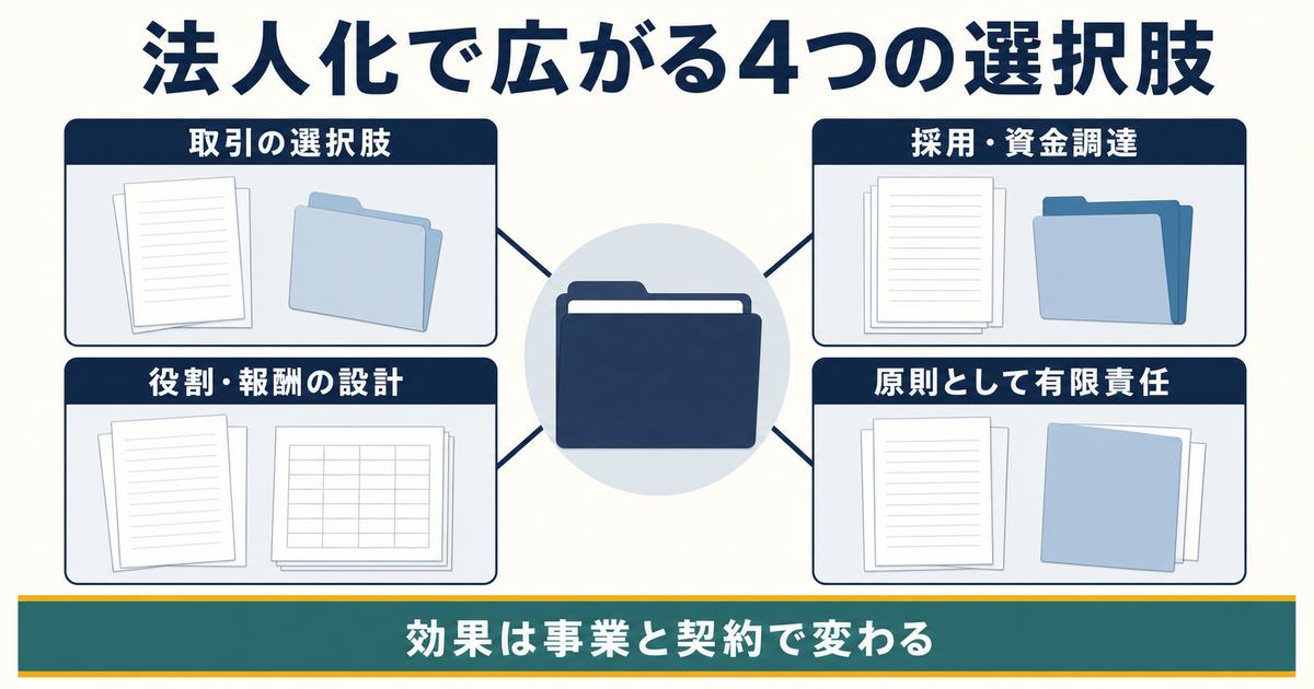 法人化で広がる取引・採用と資金調達・報酬設計・有限責任の選択肢を示した図