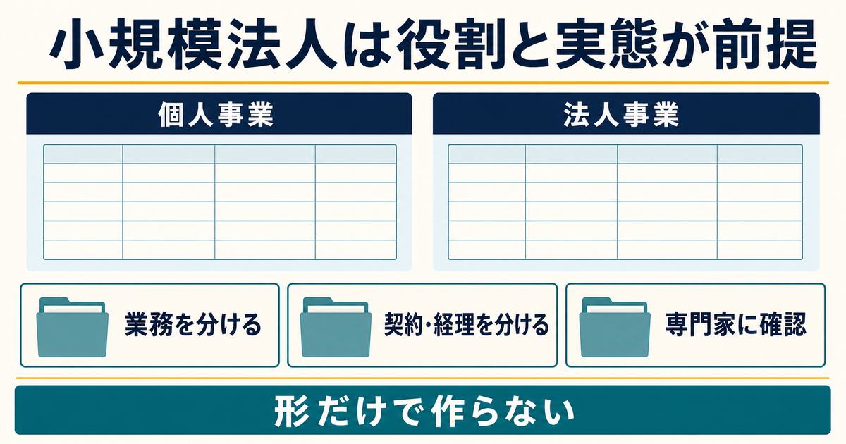 小規模法人で個人事業と法人事業の役割・契約・経理を分ける必要を示した図