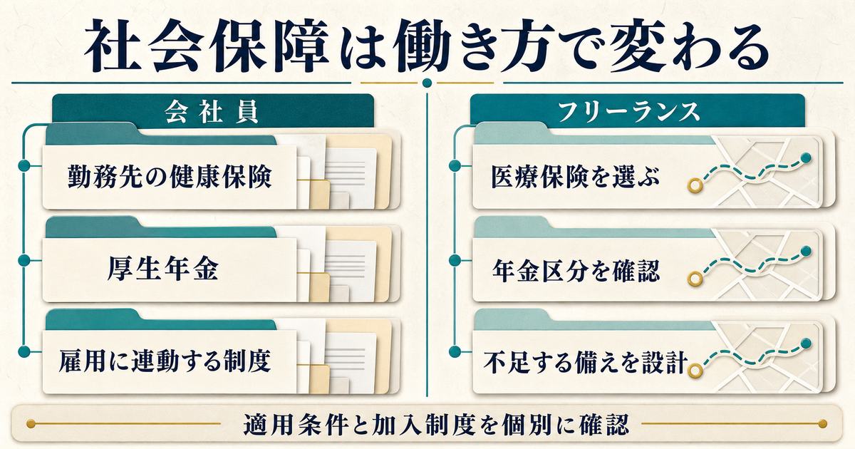 会社員とフリーランスで健康保険・年金・雇用に連動する制度の整え方を比較した図