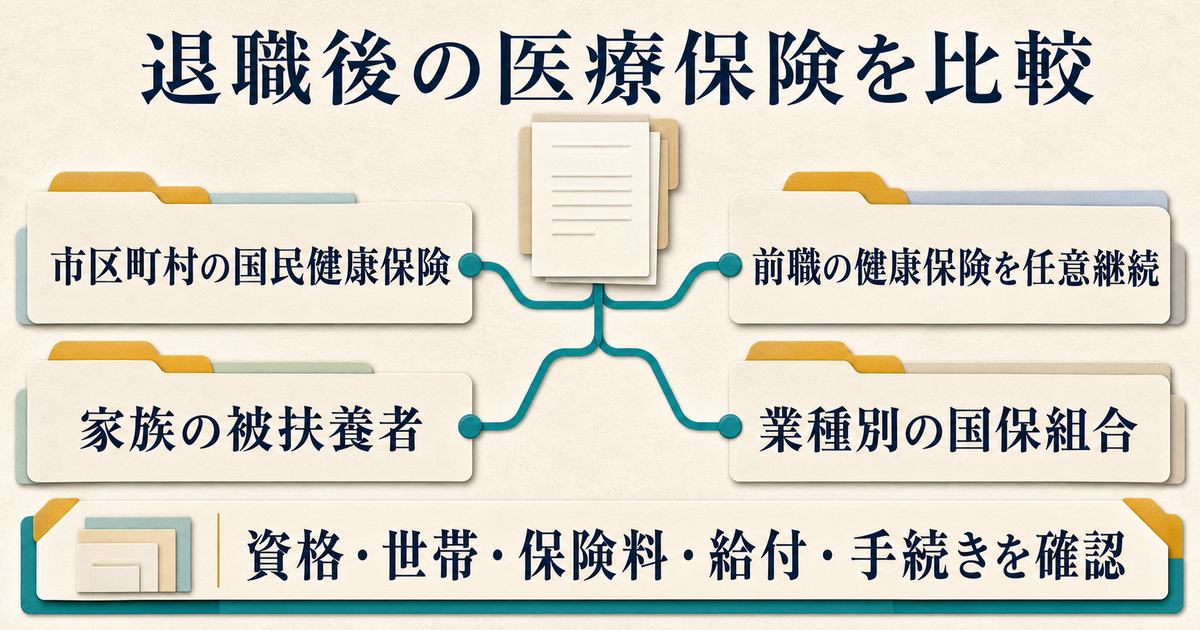 独立後の医療保険を国民健康保険・任意継続・家族の被扶養者・業種別国保組合で比較する図