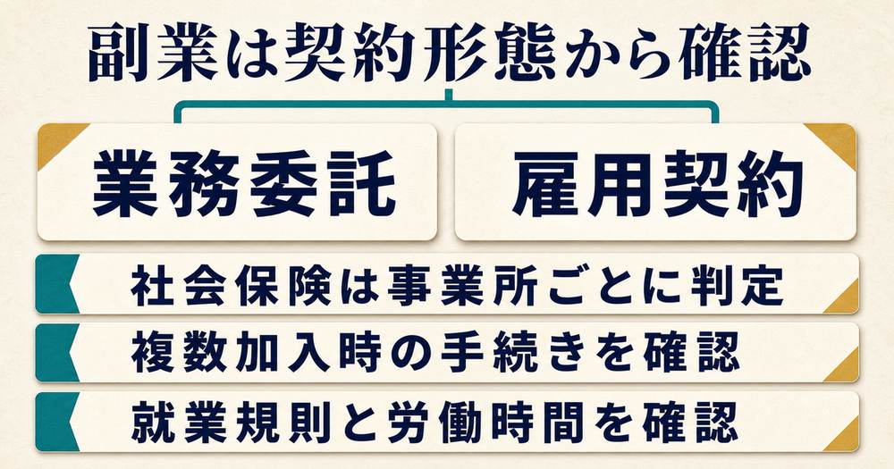 会社員の副業を業務委託と雇用契約に分け社会保険・複数事業所・就業規則を確認する図