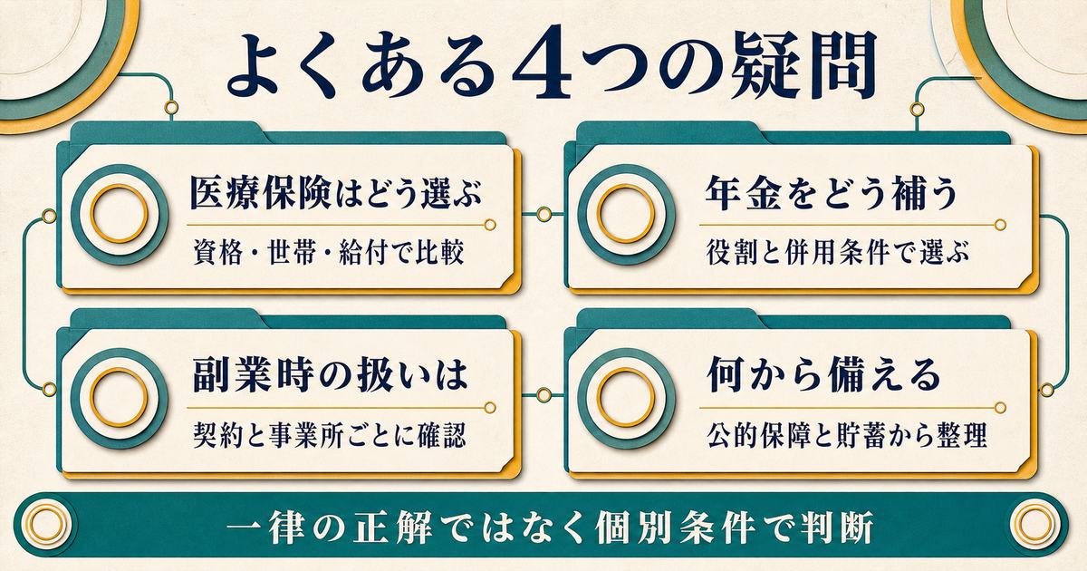医療保険・年金の上乗せ・副業時の社会保険・備えの優先順位に関する4つの疑問の図