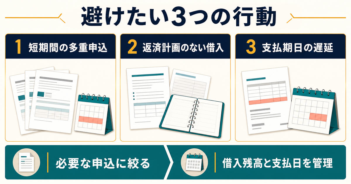短期間の多重申込返済計画のない借入支払期日の遅延という避けたい3つの行動をまとめた図解