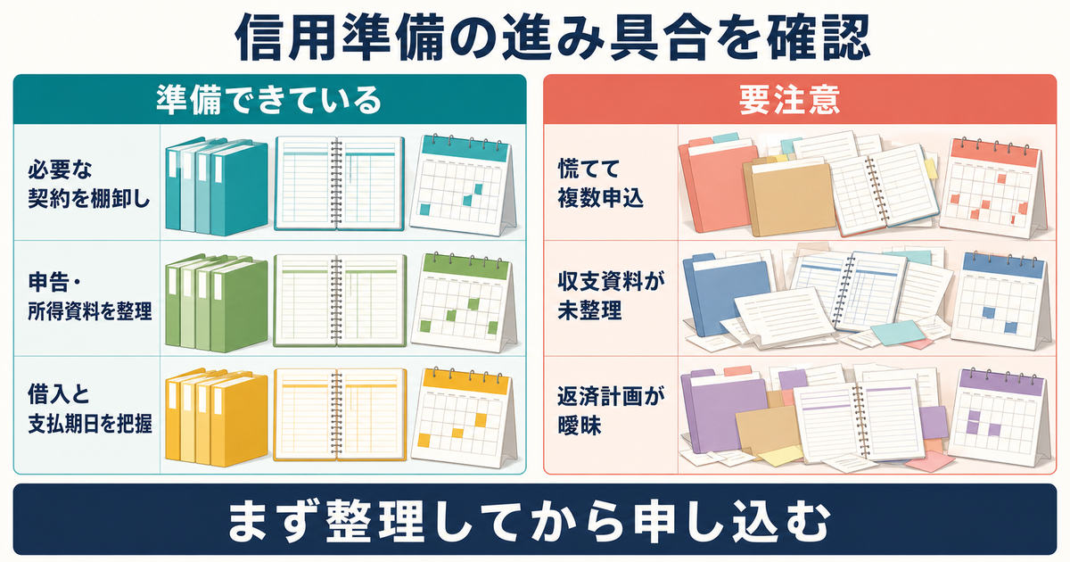 契約所得資料借入支払期日を整理できた状態と複数申込や資料未整理で要注意な状態を比べた図解