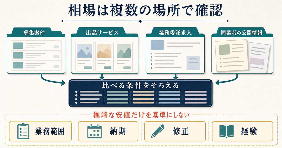 募集案件と出品サービスと業務委託求人と同業者情報から値付け相場を調べる方法の図解