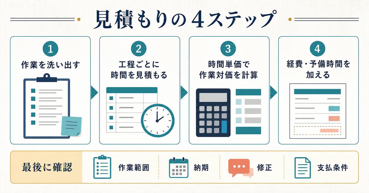 作業の洗い出しから時間見積もりと作業対価計算と経費予備追加までの見積もり4ステップ