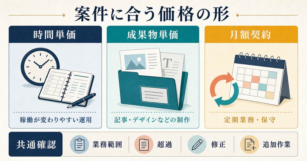 時間単価と成果物単価と月額契約の向く案件と共通確認事項を比較した図解