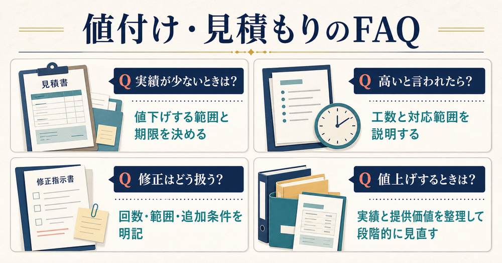 実績が少ない場合と価格説明と修正条件と値上げに関する値付け見積もりのFAQ図解