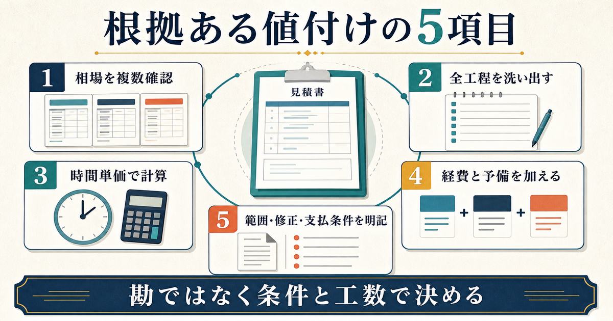 相場と全工程と時間単価と経費予備と取引条件から根拠ある値付けを作る5項目の図解