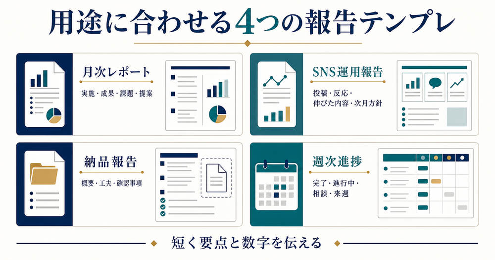 月次レポートとSNS運用報告と納品報告と週次進捗の4種類を用途別に整理した図解