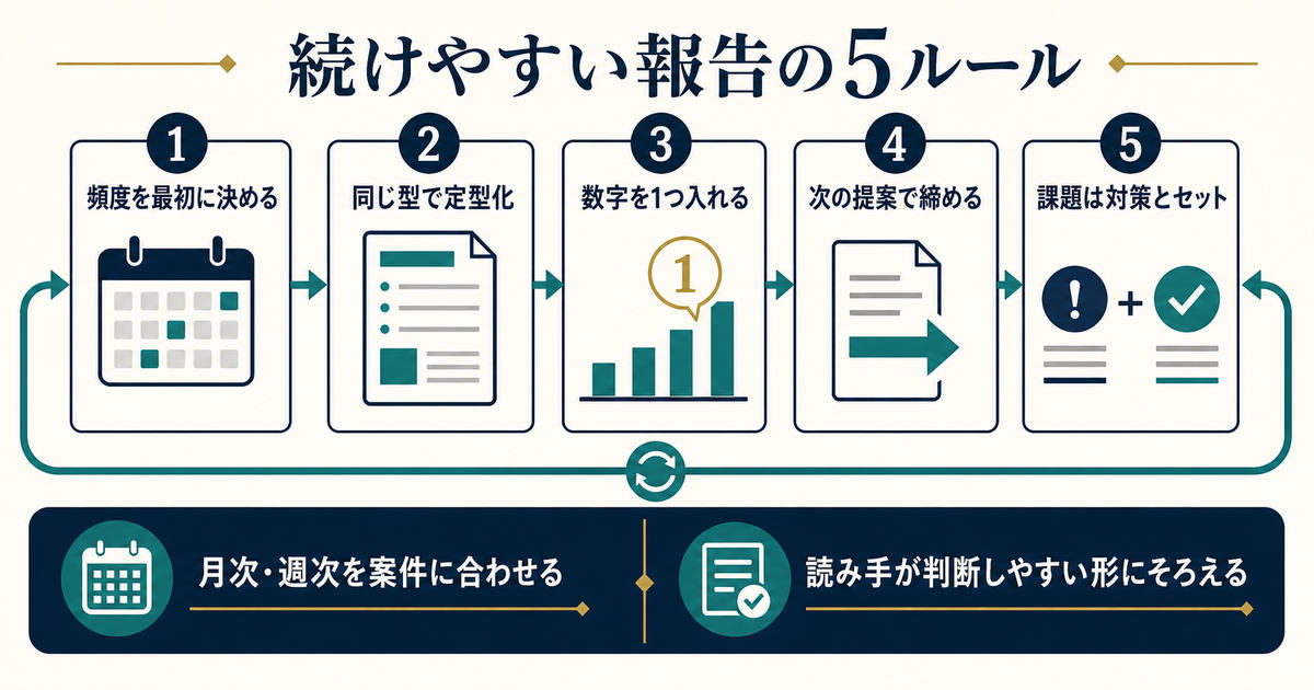 頻度と定型化と数字と次の提案と課題対策からなる続けやすい報告の5ルール