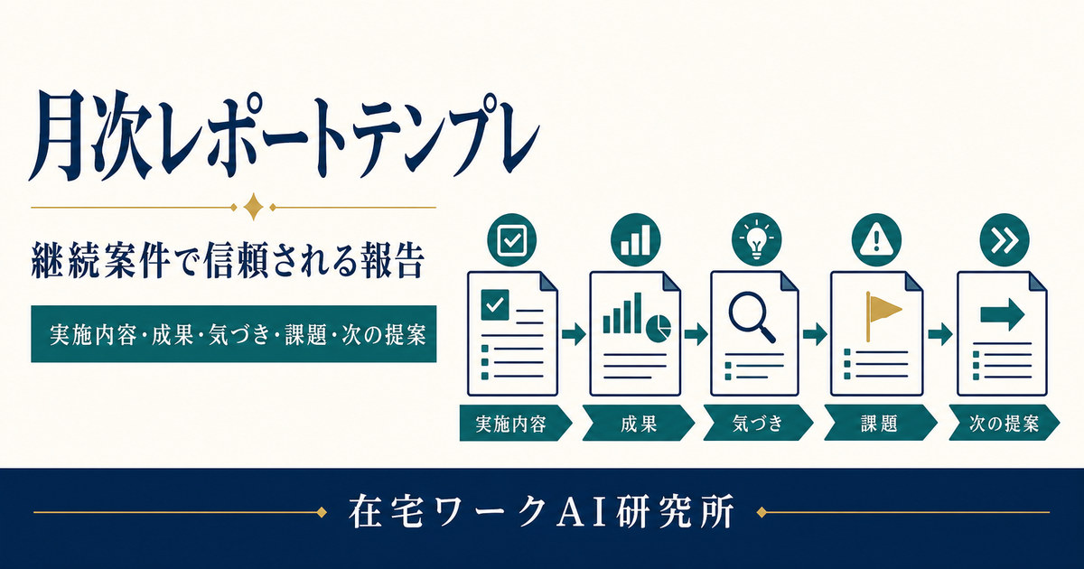 月次レポートで実施内容と成果と気づきと課題と次の提案を伝える流れの図解