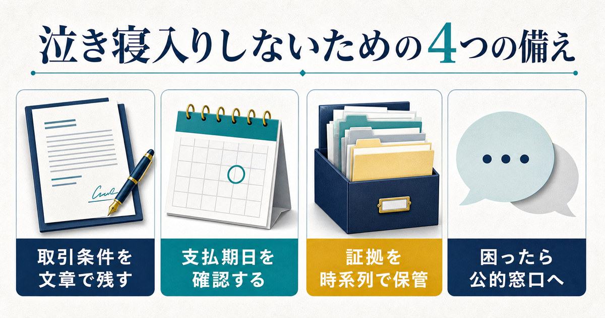 フリーランスが泣き寝入りしないために取引条件支払期日証拠相談先を確認する4つの備えの図解