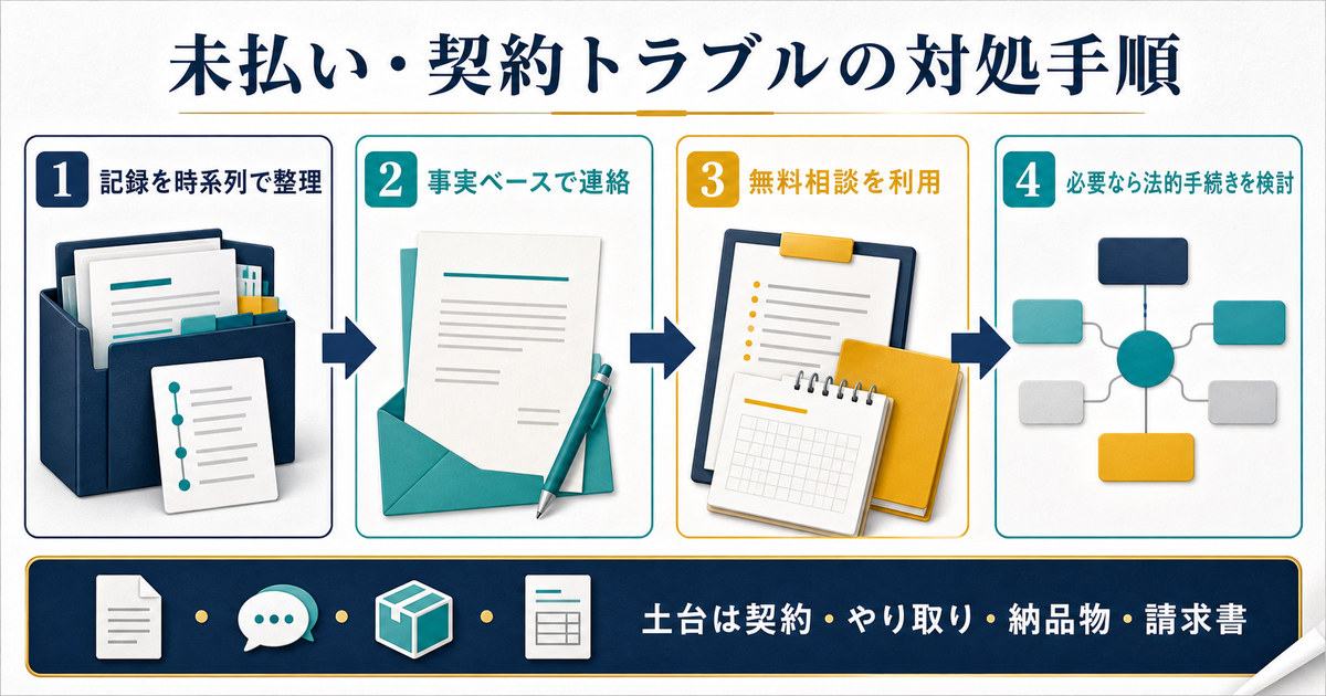 未払い契約トラブルで記録整理から事実ベースの連絡無料相談法的手続きの検討へ進む4手順の図解