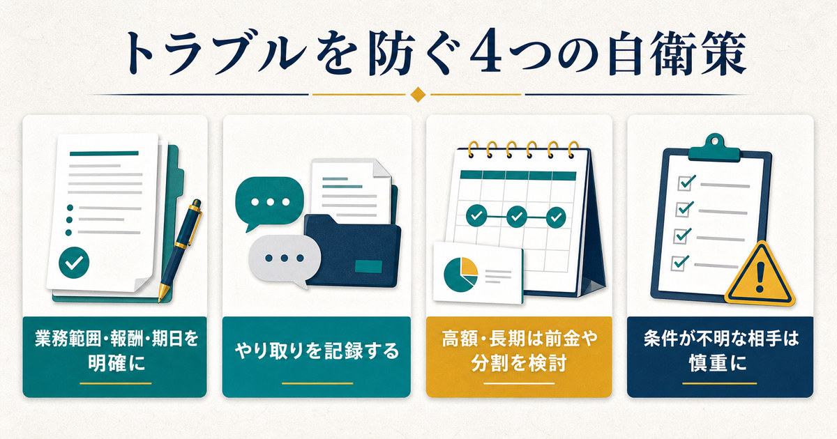 業務範囲報酬期日の明確化やり取りの記録前金分割の検討不明な条件への注意という4つの自衛策の図解