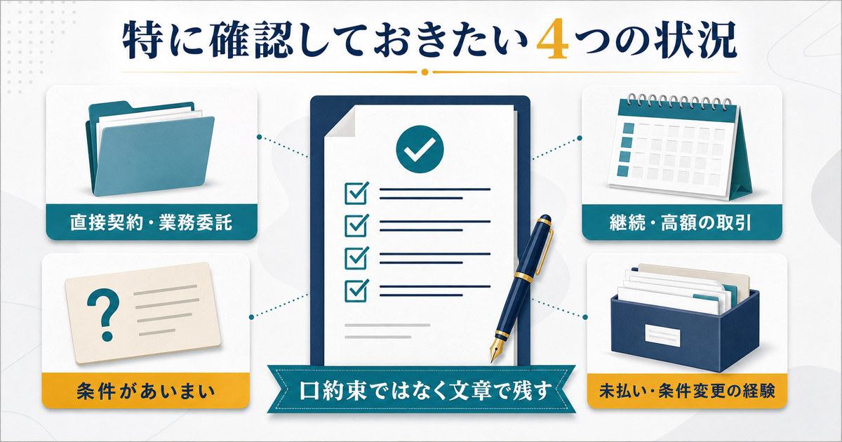 直接契約継続高額取引あいまいな条件未払い経験がある場合に文章で条件を残す必要性を示す図解